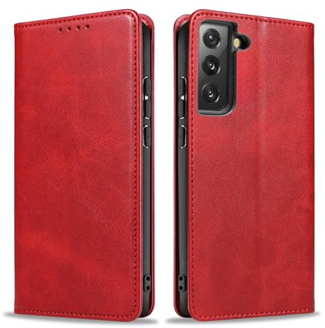 LBH Handyhülle Smartphone-Hülle für Samsung Galaxy S21 5G Klapphülle Magnetverschluss Kartenfächer Geldfach Standfunktion Case Etui Rundumschutz Schutzhülle Rot