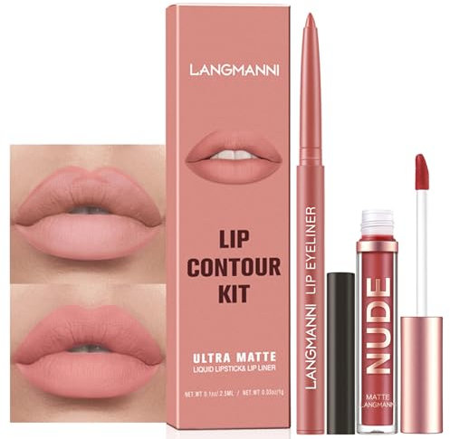 Nude Lip Liner and Lipstick Set, Pink Lip Stain Lip Gloss, Long Lasting Matte Lip Crayon, Natural Waterproof Velvety Lip Pencil Lip Liners Set Makeup Gift for Women