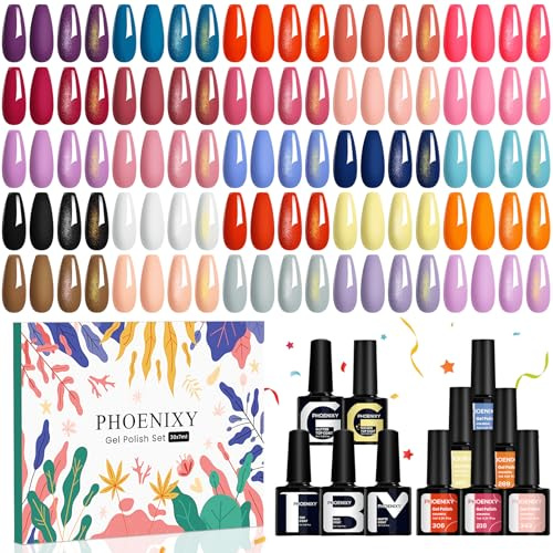 Phoenixy 30pcs Gel Nail Polish Set - 25 Colours Nail Polishes Nail Art Set | 7ml Nail Varnish with Base Top Matte Glitter Golden Coat Gel Polish Set Nail Varnish Sets Manicure Gift for Women