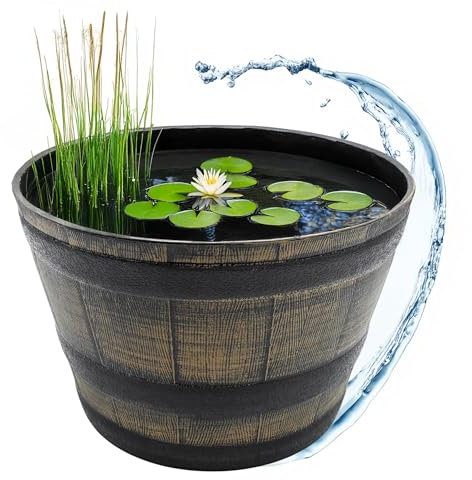 Kunststoff Blumenkübel in Eichenfass Optik braun - 44 cm - Mini Gartenteich Becken im Holz Wasserkübel Design – Garten Deko Miniteich Pflanzkübel Blumenkasten Holzfass Wassertrog Zuber Bottich