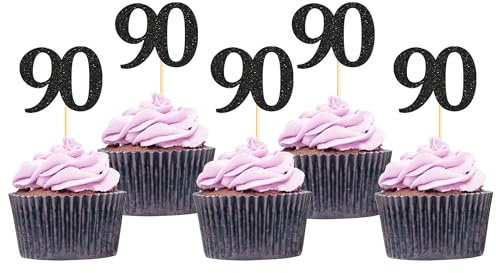 Sotpot 30 Pack Happy 90th Cupcake Toppers 90 Birthday Cake Decorations for 90th Birthday Wedding Anniversary Party Supplies Black Glitter