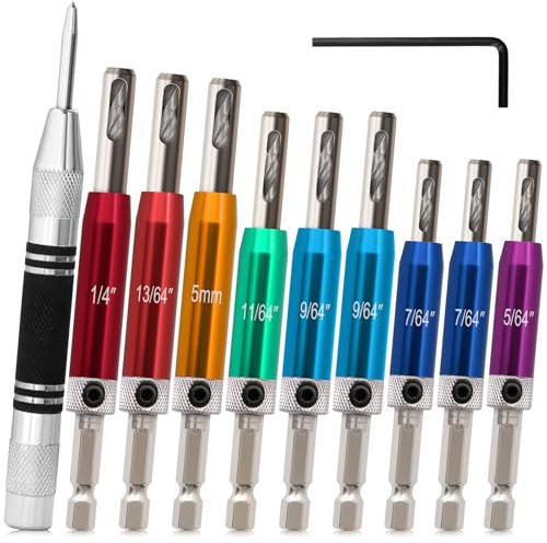 9PCS Hinge Drill Bit Set with Automatic Center Punch, Self Centering Drill Bit Set 1/4 Hex Shank for Hinges Hardware Pilot Hole Drill Bit Cabinet Wood Window, 5 Spring Loaded Center Punch