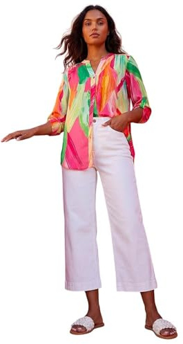 Roman Originals Shirt Top for Women UK Ladies Collarless Blouse Smart Tunic Button Through Longline Asymmetric Hem 3/4 Length Roll Up Sleeves V Neck Going Out - Pink Multi - Size 18