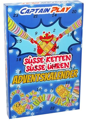 CAPTAIN PLAY Adventskalender 2025 mit Süße Uhren und Süße Ketten, Retro Süßigkeiten Geschenkidee mit 24 Stück in Einzelverpackung, besondere Weihnachtsdeko, 366g