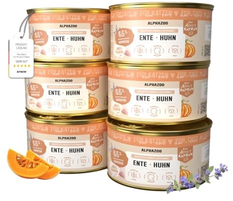 alphazoo Katzenfutter Ente + Huhn 6x200g – Getreidefreies Premium Katzenfutter mit Lachsöl & Katzenminze, reich an Protein & Taurin – Hochwertige Katzennahrung. Made in Germany
