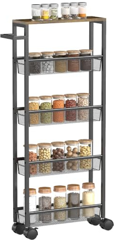 HOMCOM 5-Tier Slim Storage Trolley Tall 47 x 13 x 96.5 cm Black | On Wheels, Wood-effect Top, Metal Frame, Handle, Rolling Kitchen Trolley, for Living Room, Bathroom, Laundry, Small Space