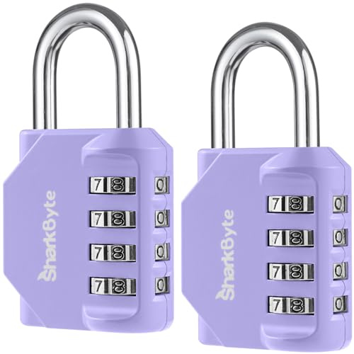 SharkByte 2 Pack Heavy Duty Combination Padlocks – 4-Digit Weatherproof Outdoor Lock, Keyless Resettable Lock for Gym, School, Locker, Shed, Toolbox, Storage & Site Use - Purple