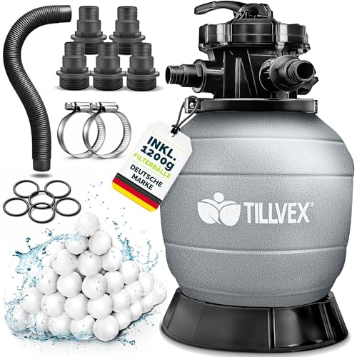 tillvex® Sandfilter Pool ohne Pumpe + Filterbälle | Filterkessel Poolfilter inkl. Adapter Ø32-38mm | Sandfilterkessel + 7-Wege-Ventil, Manometer & Saugschlauch (Grau, Bis 50 m³ (50.000 Liter) Pools)
