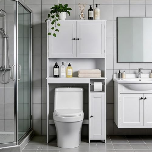 LEADZM 2 en 1 Meuble WC, Meuble Toilette WC Rangement, Etagere WC, Blanc | Rangement Toilette avec 2 Portes, Étagères Réglables, Anti-Basculement, Conception d'Espace de Stockage Multiple，80×22×170cm