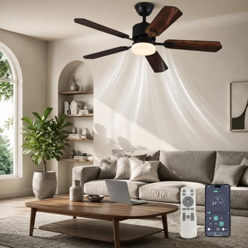 DATO Deckenventilator mit Beleuchtung und Fernbedienung,108 cm,5 Holzflügel,3 Farbtemperaturen,Timer,für Schlafzimmer und Wohnzimmer (Schwarz, 108 cm)