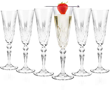 RCR 6X 160ml Melodia Champagnerflöten aus Glas - Wiederverwendbar Hochzeit Jubiläum Geburtstag Party Prosecco Wein Cocktail Gläser Set Crystal