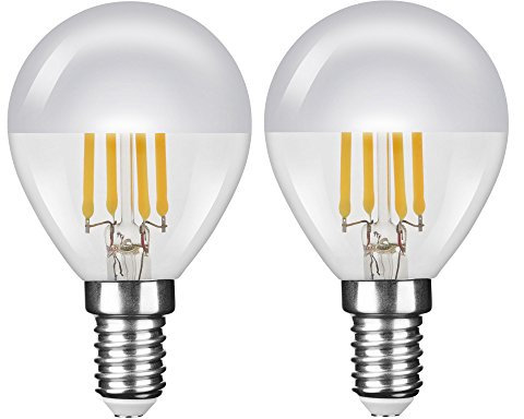 NuLoXx 2er Pack LED Filament Kopfspiegellampe P45 „Tropfenform“ SILBER E14 4W/827 2700K warmweiß, 380 LM, AC 220-240, 320° Abstrahlwinkel