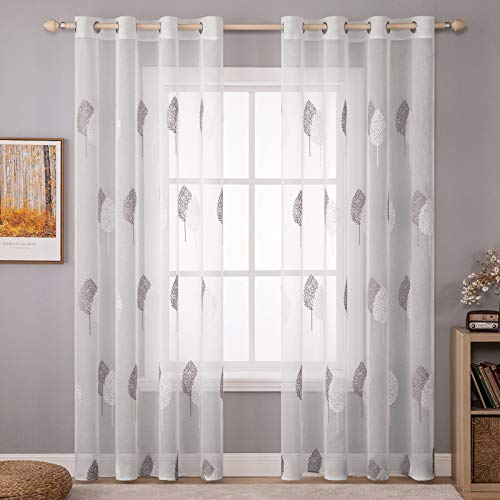 MIULEE Wohnzimmer Vorhänge Transparent mit Grau und Weiss Blätter Muster, Modern Stickerei Gardinen Ösen für Schlafzimmer Deko, 2er Set Schöne Blätter Muster Vorhang Fenster H 175 x B 140