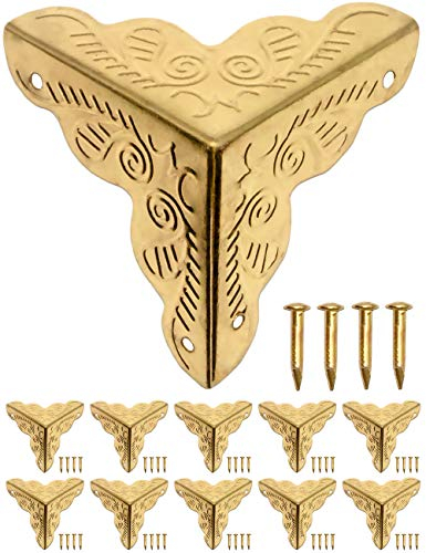 FUXXER - 10x Antike Möbel-Ecken, Schutz-Ecken, Eck-Schützer, Kanten-Schutz, Beschläge für Kisten Boxen Möbel Regal Tisch, Golden Gold Messing Optik, inklusive Nägel, 10er Set