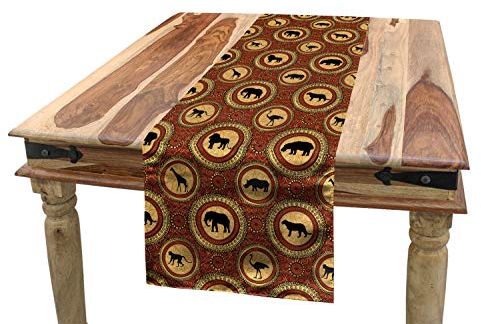 ABAKUHAUS Safari Tischläufer, AFFE Lion Folk African, Esszimmer Küche Rechteckiger Dekorativer Tischläufer, 40 x 225 cm, Senf und Braun