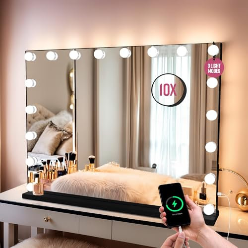 GloBrite Hollywood Vanity Mirror with Lights - 18 LED Bulbs - 3 Lighting Modes, 10x Magnification, Touch Control, USB Charging, Wall/Tabletop, Mirror for Dressing Table, Bathroom or Bedroom - Black