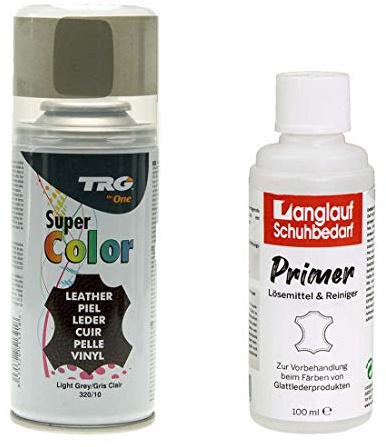 TRG Lederfarbspray 150ml Lederfarbe + Primer & Lederreiniger 100ml für Glattleder | Spray für Schuhe, Kunstleder & Stoffe, starke Deckkraft, viele Farben inkl. Metallic (hellgrau 320/10)