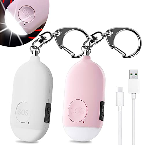 Shackcom 2 Pièces 130 DB Alarme Personnelle d'urgence,Rechargeable Alarme de Sécurité avec LED Lampe de Poche Torche Anti Agression,pour Femme Enfants Personnes Agées Aventurier - Rose&Blanc