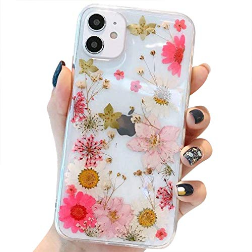 Tybiky Handyhülle iPhone 12 Mini hülle Echte Blumen weiche Silikonhülle mit handgefertigten getrockneten Blumen, Transparente Ultra-dünne unsterbliche für iPhone 12 Mini., Weiß Rosa Gänseblümchen