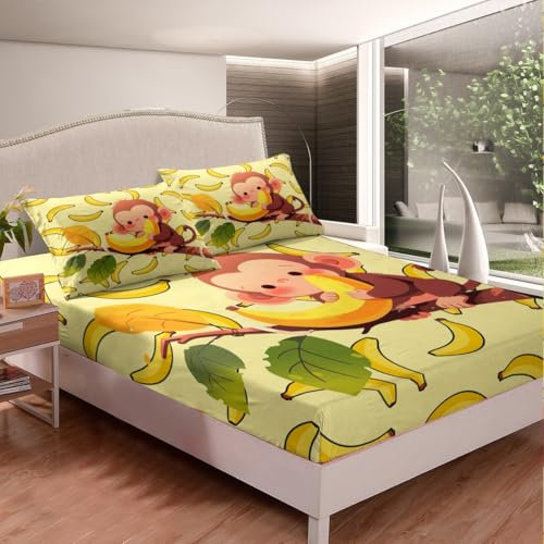 Feelyou Kinder-Bettwäsche mit Affen-Motiv, niedliches Cartoon-Zoo-Tier-Bettwäsche-Set für Jungen und Mädchen, Kinderschlafzimmer, Dekoration, Natur-Bananen-Bettbezug, Doppelbettgröße mit 1 Kissenbezug