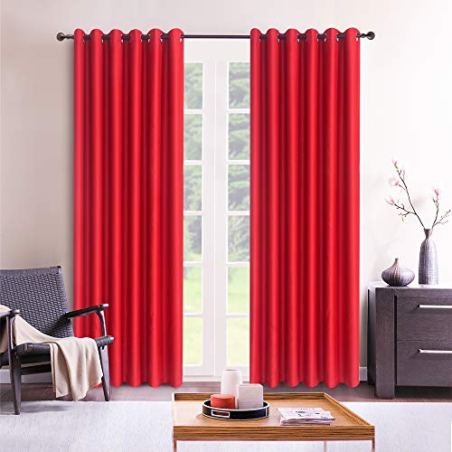 ROOEE Insulated Heavy Thick Thermal Blackout Curtains Eyelet Ring Top Pair – Ideal for Living Room, Bedroom, Guest Room and Kids Bedroom (Red, 46 Wide x 54 Drop)