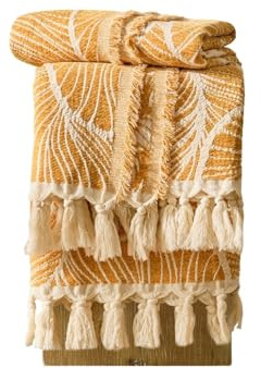 DOWN Home Chenille-Baumwoll-Überwurfdecke für Couch, leichte Boho-Decke für Bett, Sofa, Stuhl, Wohnzimmer, Outdoor, weich, gewebt, dekorative Decke mit Quaste, Geschenk, orangefarbene Blätter, 140 x