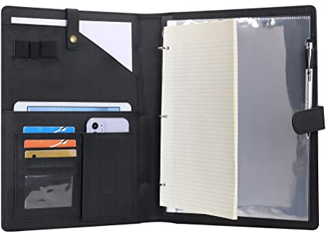 Wonderpool Porte-documents en Cuir A4 Padfolio Anneaux Planchettes à pince Classeur Ramovible avec Portebloc Notes et Organiseur Multi-poches pour Bureau Conférence Réunion et Travail (Noir)