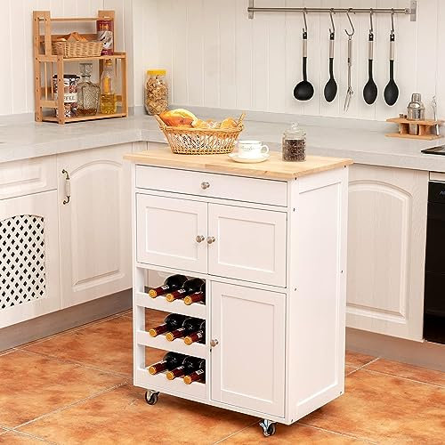 RELAX4LIFE Carrello da Cucina con Cassetti, Rotelle, 3 Portabottiglie, 3 Ante, Pannello in Legno,Credenza Cucina per Ristorante, Sala da Pranzo o Salotto, Bianco, 67 x 37 x 85 cm