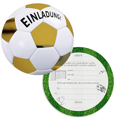 ZADAWERK® Einladungskarten - Fußball Gold - 12 Karten - goldene Effekte - runde Karte - Kindergeburtstag Partyeinladungen - Set für Mädchen und Jungen