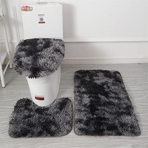 Lifup Badteppich Set 3 Teiliges, rutschfeste Shaggy Badematte, Flauschig Contour Badteppich, Langflor Toilettensitzbezug Tie Dye Schwarz