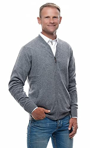 UGHOLIN Herren Strickjacke Cardigan 100% Kaschmir im College-Stil mit Reißverschluss 2-fädig, grau, L