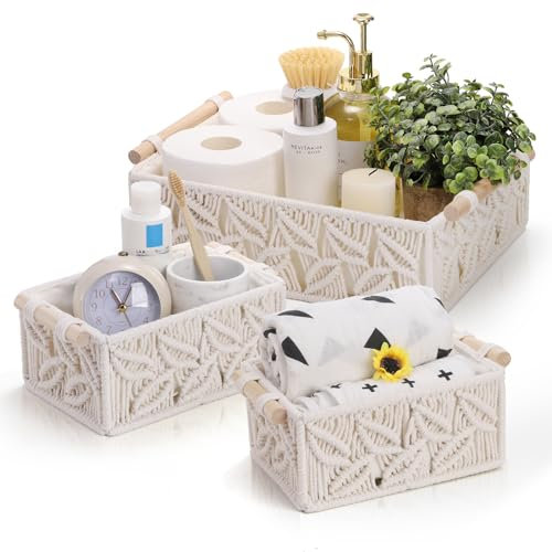 ZOOFOX Set of 3 Macrame Storage Basket, Handmade Woven Boho Basket with Cloth Liner and Wooden Handles, Decorative Toilet Tank Shelf Cabinet Organizer for Bedroom Living Room Nursery