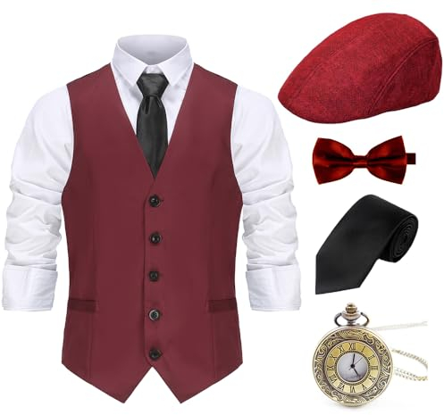 Gionforsy 20er Jahre Herren Weste Kostüm Zubehör Set mit Hut Weste Fliege Krawatte Taschenuhr Gangster Accessoires Set für Great Gatsby Party Halloween Karneval Fasching Mottoshow (Weinrot, L)