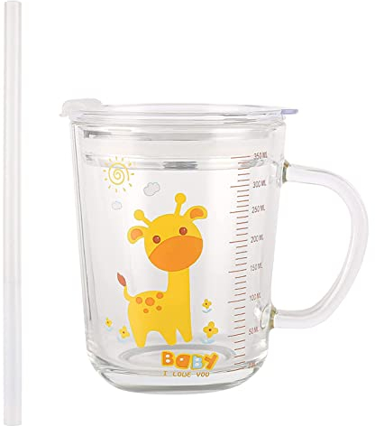 Tasse à Lait Enfant avec Paille,Tasse Enfants avec Paille Silicone,Tasse de Lait pour Enfants,Verre à Boire avec un Couvercle Anti-Fuite Mug,350 ml,Girafe