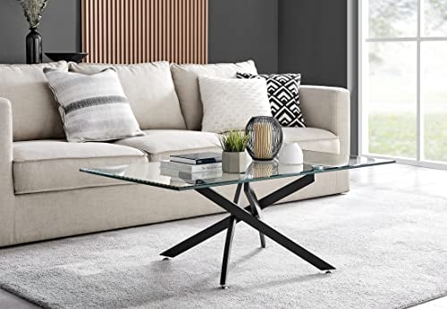 Furniturebox UK Coffee Table - Leonardo Rectangular Matte Black and Clear Tempered Glass Industrial Home Living Room Coffee Table