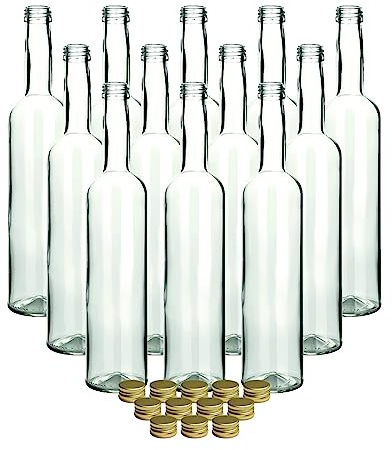 gouveo Set 30 Bottiglie in Vetro Bordolese da 500 ml con Tappo a Vite Oro - Bottiglia Rotonda in Vetro da Riempire - Bottiglia Vuota per Liquore, Vino, Olio, Aceto (FBR500G)