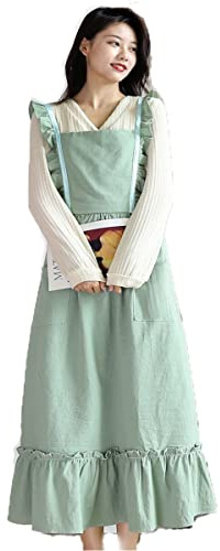 DNLKWGO Lange Baumwollschürzen mit Taschen, Gartenarbeit, Malerei, Kochen, schöne Schürzen, Kleid für Damen, Grün , Einheitsgröße