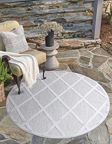 carpet city In-& Outdoor Teppich - Rund 120 cm - für Innen-& Außenbereich - Wetterfest Balkon-Teppich, Terrasse, Flur, Küche - Wohnzimmer-Teppiche - Hochtief/ 3D-Effekt - Raute-Optik in Grau