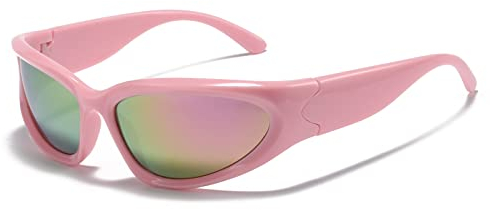 YUELUQU Futuristico Occhiali da sole da ciclismo per uomo e donna, Y2K, occhiali sportivi UV400, protezione per feste, Rosa(R)-rosa (L), mittelgroß