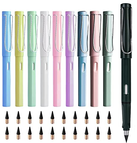 Vegena Ewiger Bleistift, 10 Stück Unendlicher Bleistift mit 20 Stück Ersatzspitzen, Tintenlose Bleistifte Ohne Anspitzen Bleistift mit Radiergumm für Bleistifte Mitgebsel, Kindergeschenk