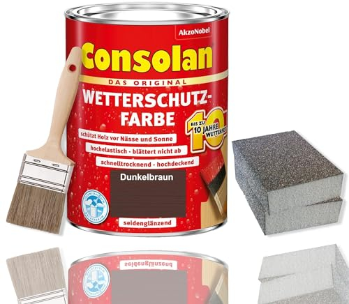 Consolan Wetterschutzfarbe Set 750 ml Holzfarbe Dauerschutz Deckend mit Zubehör (Dunkelbraun)