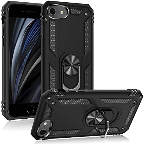Verco Hybrid Armor Shiel Case für iPhone SE 2020 2022, iPhone 7/8 Hülle, extrem robust mit Magnet Fingerring Halter Handyhülle für iPhone SE [2/3. Generation] Panzerhülle, Schwarz