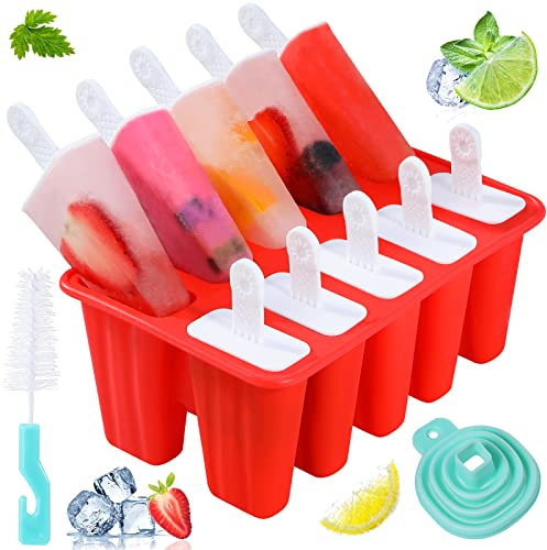 Moules à glace en silicone sans BPA, réutilisable, facile à démouler, moule à glace fait maison avec entonnoir en silicone et brosse de nettoyage (rouge, 10 cavités)