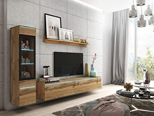 MINIO go for it - Wohnwand 3-Teilig Set Veve 1 I Hängend oder Stehend I Hochschrank-Vitrine I Lowboard I Wandboard I Laminierte Spannplatte I Wotan Eiche - LED Beleuchtung