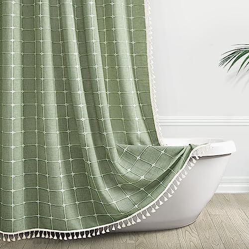 Awellife Rideau de douche en lin avec pampilles – Style rustique – Décoration de salle de bain en treillis – Style rustique et bohème – 152,4 x 182,9 cm (L x l) – Vert sauge