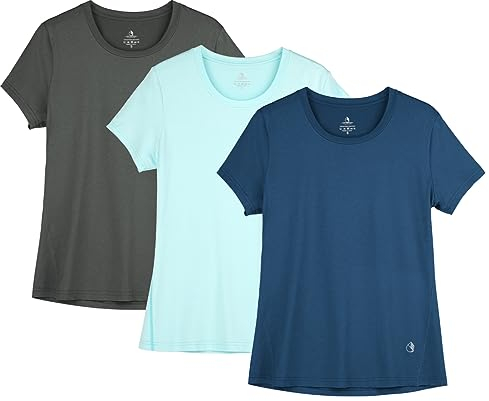 icyzone Damen Sport Shirt Kurzarm Fitness Gym T-Shirt Atmungsaktive Laufshirt Sport Oberteile, 3er Pack (XL, Dark Grey/True Navy/Aqua)