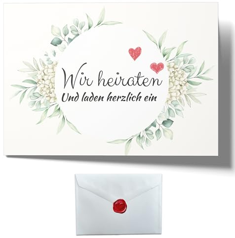 Laurea Verde 50 Einladungskarten Hochzeit mit Umschlägen und Stickern im Wax-Siegel-Design | Hochzeitseinladung Klapp-Karten DIN A6 10,5 x 14,8 cm im Boho-Design Hortensie