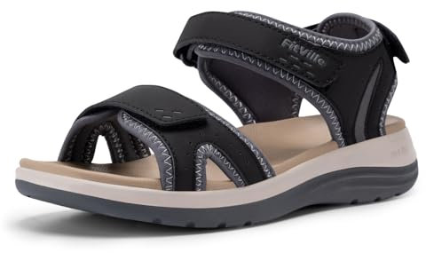 FitVille Womens Wide Fit Sandals Lightweight Casual Fashion Orthopedic Sandal with Arch Support for Flat Feet Plantar Fasciitis, Black Grey, 3.5 UK Wide