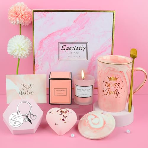 HOUSTAR Birthday Gifts for Women, Mothers Day Gifts for Mum, Birthday Pamper Gifts for Her, 14 OZ Pink Coffee Mug Gifts Sets with Scented Candle, Presents for Mum, Birthday Gifts for Mom, Wife (Lady)