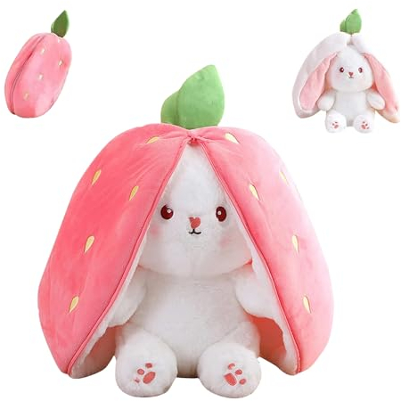ZEACCT 1 Stück Kuschelhasenspielzeug, Erdbeerhasen Kissen Plüschtier, Kuscheltier Hase, kreatives Kawaii-Kaninchenspielzeug, Osterhasen-Stofftier, für Mädchen, Jungen, Kindertagsgeschenke(Rosa)